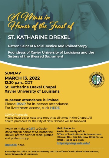 Drexel Christmas Break 2022 Feast Day Mass Celebration Of St. Katharine Drexel - Xavier University Of  Louisiana