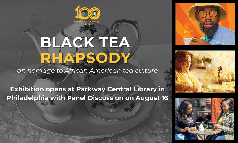 Black and white teapot with words and a series of photos from the collection in a strip to the right. The Parkway Central branch of the Free Library of Philadelphia in Pennsylvania is proud to host the “Black Tea Rhapsody: An Homage to African American Tea Culture” exhibition. This multimedia art showcase born at Xavier University of Louisiana celebrating African American tea traditions will open with an event on August 16, 2024, and will continue to be on display until October 1, 2024. Xavier University of Louisiana, which is about to celebrate 100 years of service, previously hosted the exhibit in 2023.