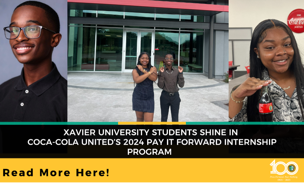 Two Xavier University of Louisiana students have been selected to participate in the prestigious Pay it Forward Internship program through Coca-Cola Bottling Company United, Inc. (UNITED)! 31 students were chosen from 17 Historically Black Colleges and Universities (HBCUs) within Coca-Cola UNITED’s six-state footprint as part of the company’s commitment to fostering talent in underserved communities. Xavier University was proudly represented by Darius Mullen, a sophomore majoring in Business Finance, and Kenadi Charles, a junior majoring in Business Management with a minor in Education. The internship celebrated their academic achievements while equipping them with the tools to build on their success.